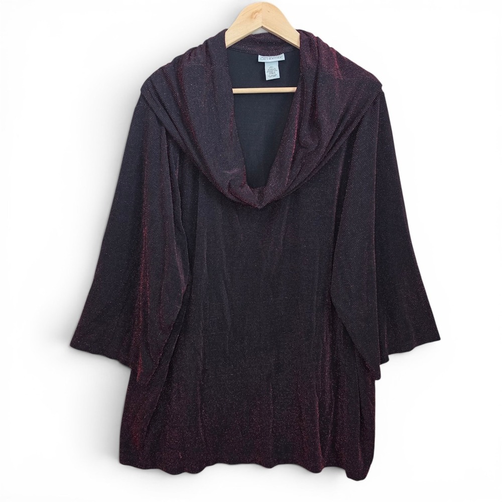 Catherines Top Womens Plus 4X 30/32W Red Cowl Neck Textured Blouse Shimmer Party
